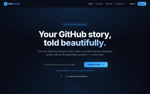 Screenshot of DevDossier — Your GitHub story, told beautifully
