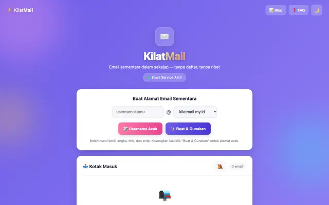 Screenshot of KilatMail ⚡ — Email Sementara dalam Sekejap