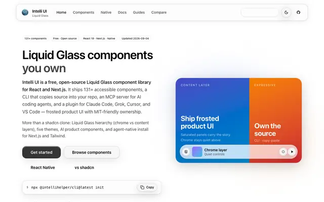Screenshot of Intelli UI — Free Liquid Glass React Components for Next.js & Tailwind CSS