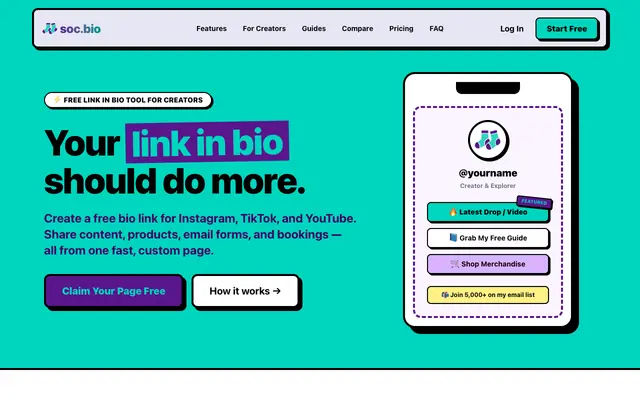 Screenshot of Free Link in Bio Tool & Custom Bio Link Page | soc.bio