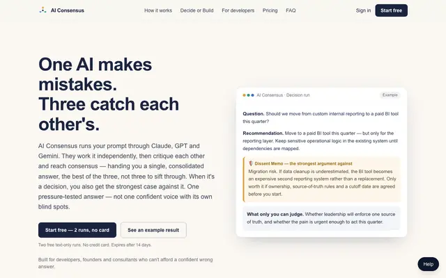 Screenshot of AI Consensus — multiple AIs, cross-audited answers