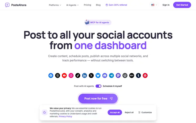 Screenshot of PosteAhora — Put your social media on autopilot with AI agents