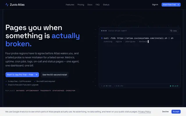 Screenshot of Zuvio Atlas — AI-Powered Server Monitoring & On-Call | Free Trial