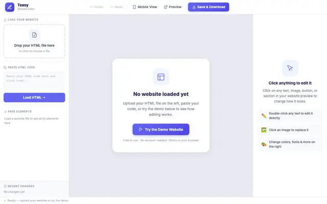 Screenshot of Free Online HTML Editor — Edit Any Website Visually, No Code | Teasy