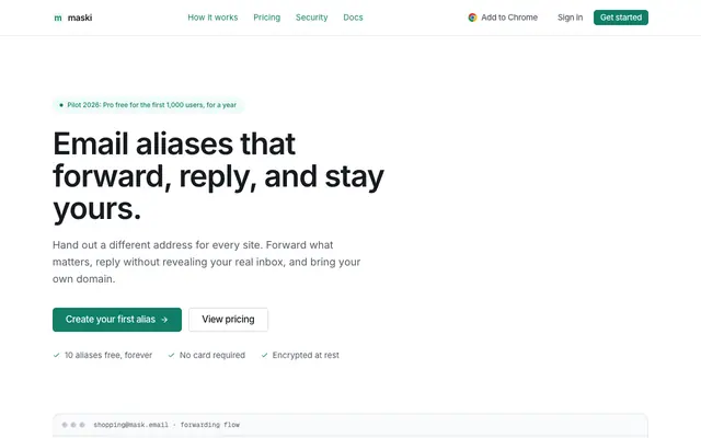 Screenshot of Maski — privacy-first email infrastructure