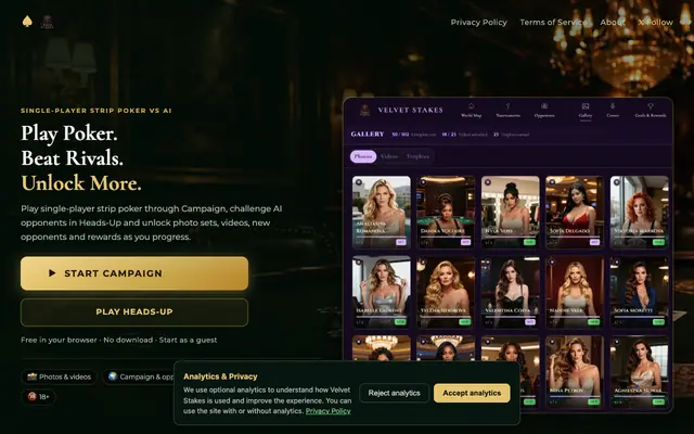 Screenshot of Velvet Stakes – Free Single-Player AI Strip Poker Online