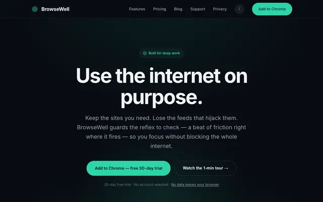 Screenshot of BrowseWell — Use the internet on purpose
