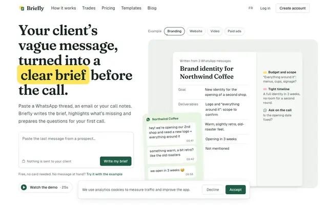 Screenshot of Briefly — Des briefs clients complets, sans relancer