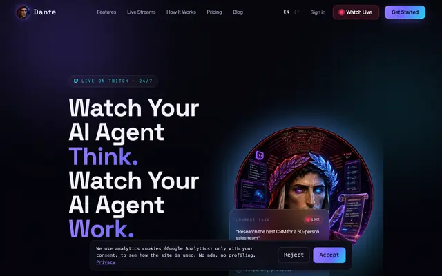 Screenshot of AgentOnAir — Dante, the live AI agent on Twitch