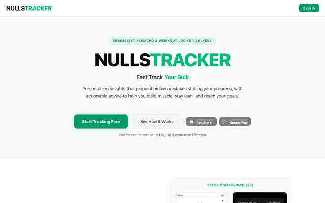Screenshot of Nulls Tracker | AI Bulking Macro Log & Workout Tracker