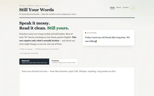 Screenshot of Still Your Words — AI Transcript Proofreader for Dictation