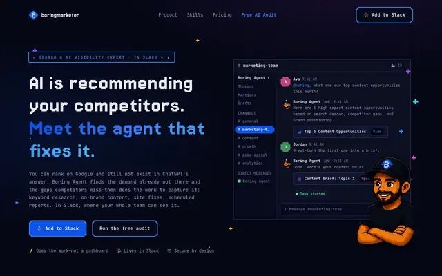 Screenshot of Boring Agent — the Search & AI visibility expert your team adds to Slack