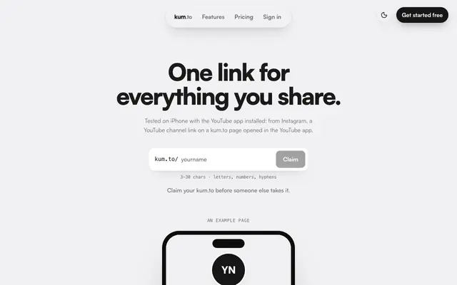 Screenshot of Kum.to: a better link in bio