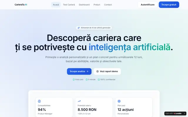 Screenshot of CarieraTa AI — Descoperă cariera potrivită cu AI
