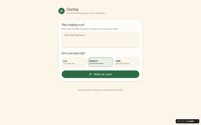 Screenshot of ClearStep — Turn overwhelm into simple next steps