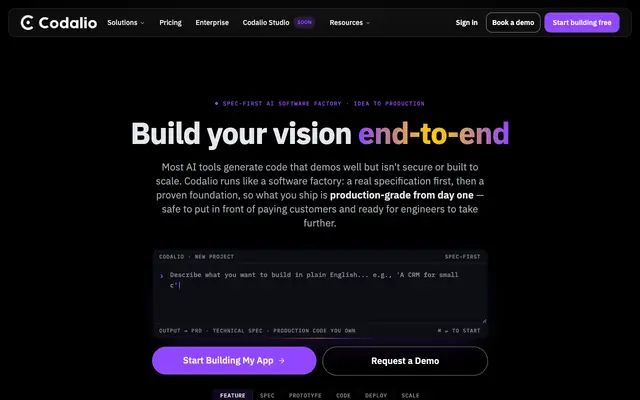 Screenshot of AI App Builder for PRDs, Technical Scope & Real Code | Codalio