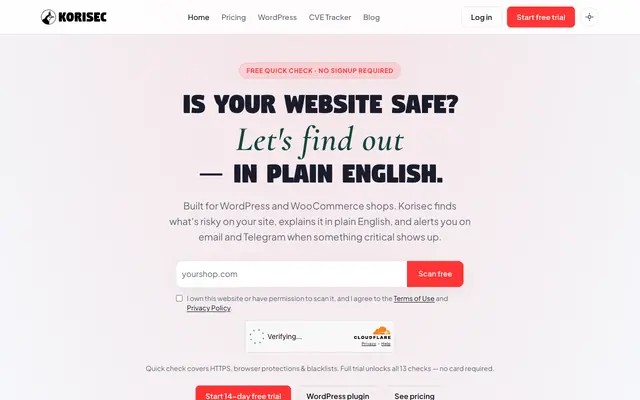 Screenshot of Korisec — Website security for small businesses