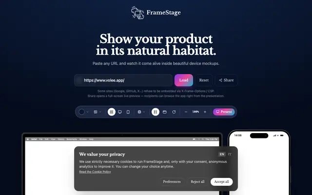 Screenshot of FrameStage — Live SaaS demos, side-by-side