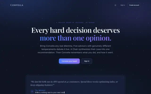 Screenshot of Convella — Your board of advisors, on demand