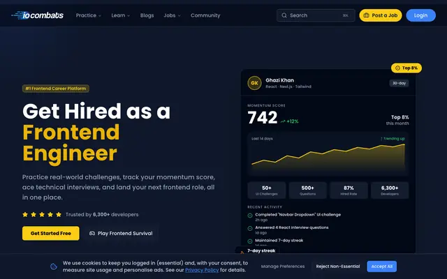 Screenshot of Get Hired as a Frontend Engineer | IOCombats