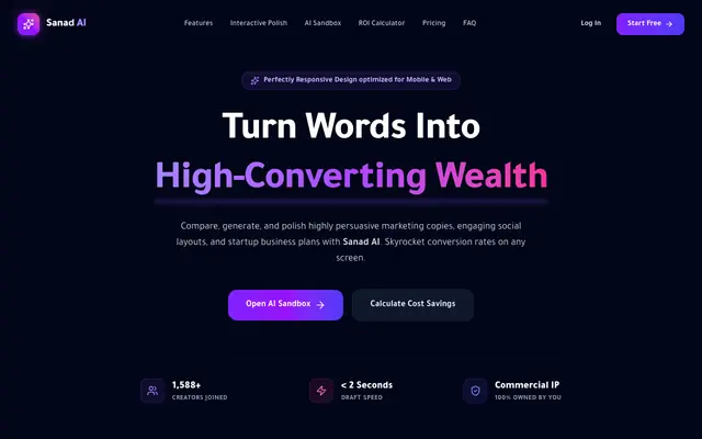 Screenshot of Sanad AI | Intelligent Copywriting & Business Generation Platform