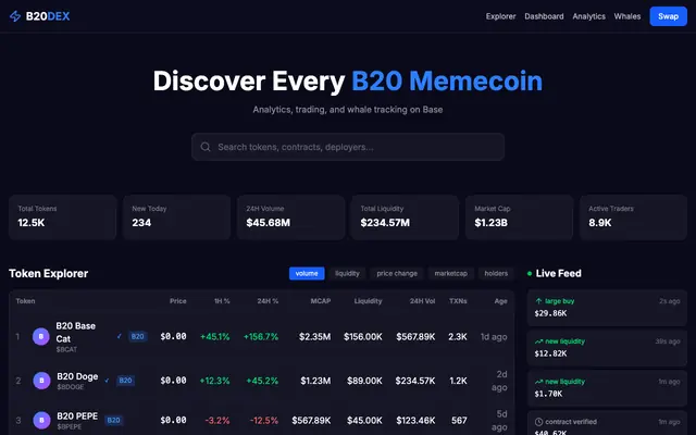 Screenshot of B20DEX — Native B20 Memecoin DEX & Analytics