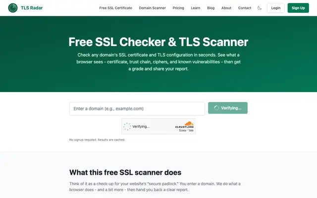 Screenshot of Free SSL Checker & TLS Scanner | TLS Radar
