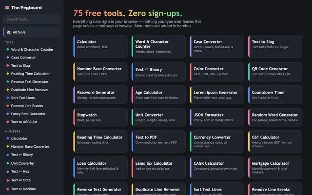 Screenshot of The Pegboard — Free Web Tools