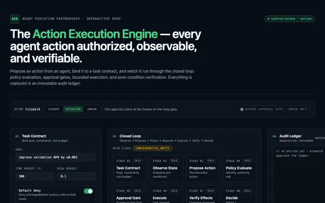 Screenshot of AEE — Agent Execution Engine Interactive Demo