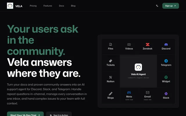 Screenshot of Vela | Grounded, No-Code AI Customer Support Agent