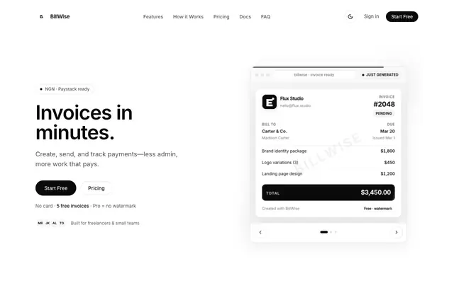 Screenshot of BillWise — Invoice Software for Freelancers & Startups | Free + NGN Plans