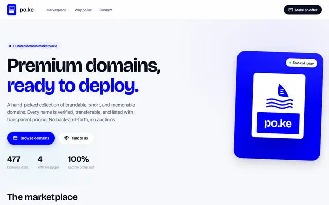 Screenshot of po.ke — Premium Domain Marketplace | 470+ Brandable Domains for Sale