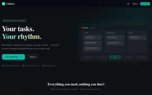 Screenshot of Cadence - Personal Task Workspace