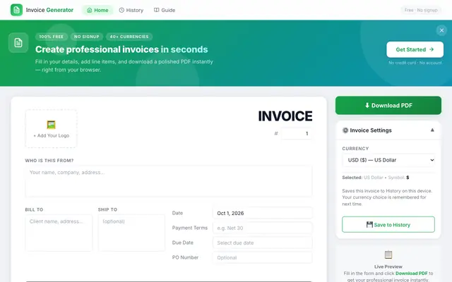 Screenshot of Free Invoice Generator — Create Professional PDF Invoices Online