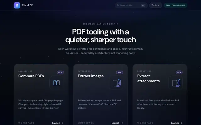 Screenshot of Free PDF Tools Online — Merge, Split, Compress & More | ClickPDF