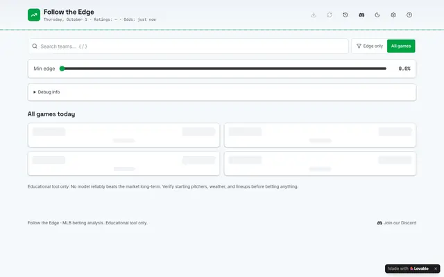 Screenshot of Follow the Edge — MLB betting analysis