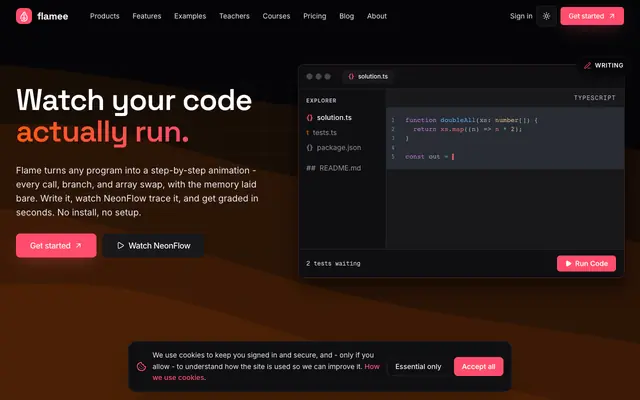 Screenshot of Flame - Interactive coding labs that actually show you the flow