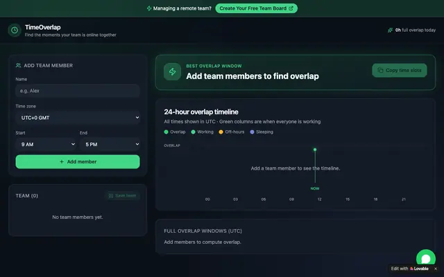 Screenshot of TimeOverlap — Find team working hour overlaps