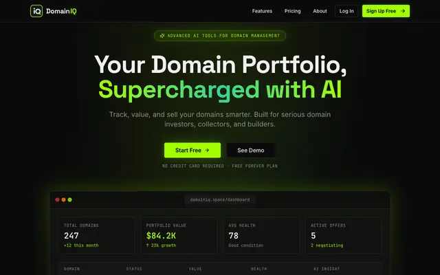 Screenshot of DomainIQ — AI-Powered Domain Portfolio Manager