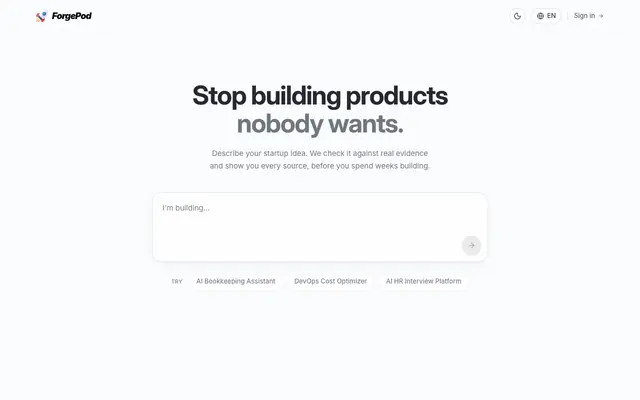 Screenshot of ForgePod — Stop building products nobody wants