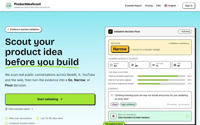 Screenshot of ProductIdeaScout | Validate Product Ideas with Evidence