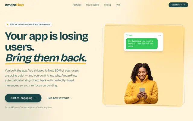 Screenshot of AmazoFlow — Your app is losing users. Bring them back.
