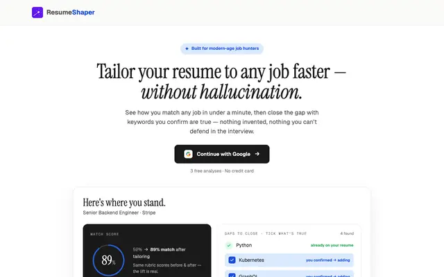 Screenshot of ResumeShaper — Surgical resume optimization