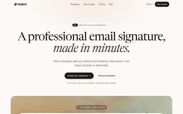 Screenshot of Free AI Email Signature Generator | esigna
