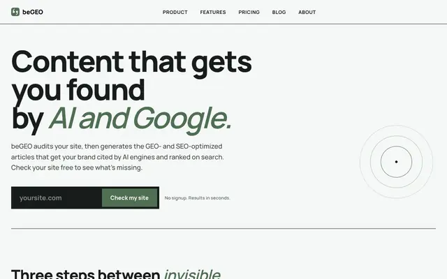 Screenshot of beGEO — Content that gets you found by AI and Google