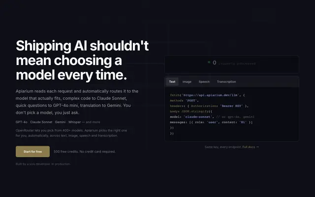Screenshot of Apiarium - One API for OpenAI, Claude, Gemini & More