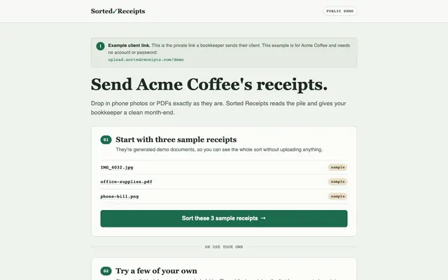 Screenshot of Try the client upload link — Sorted Receipts