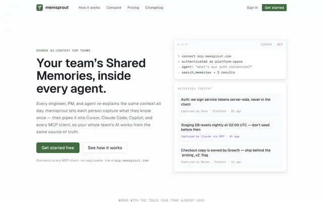 Screenshot of memsprout — one shared brain for your team’s AI agents
