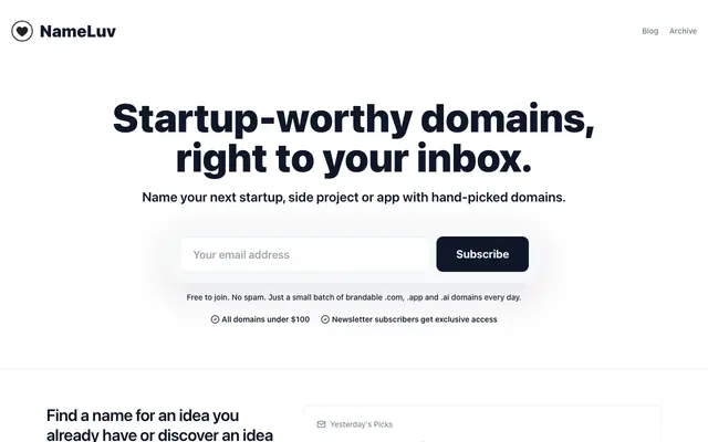 Screenshot of NameLuv - Startup-worthy domains under $100