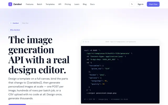 Screenshot of Zandovi — Design once. Generate thousands. Template-based design with variables,